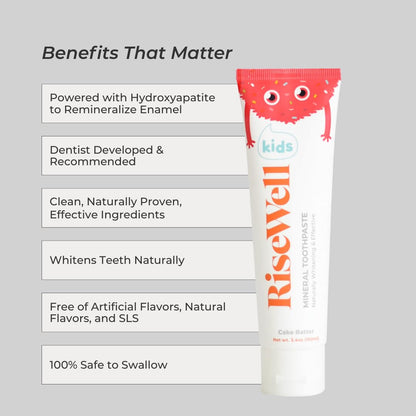 RiseWell Kids Mineral Toothpaste - Kids Hydroxyapatite Toothpaste with Xylitol for Teeth Protection - Made by Dentists, Safe to Swallow, No Added Fluoride and All Natural - Cake Batter Flavor, 3.4 Oz