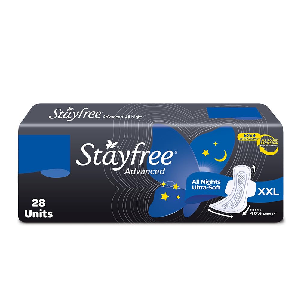 Stayfree Advanced Extra Large All Night Soft Cover Sanitary Pads For Women With Wings, 28 Pads