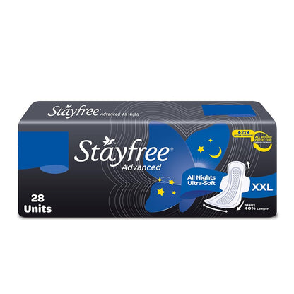 Stayfree Advanced Extra Large All Night Soft Cover Sanitary Pads For Women With Wings, 28 Pads