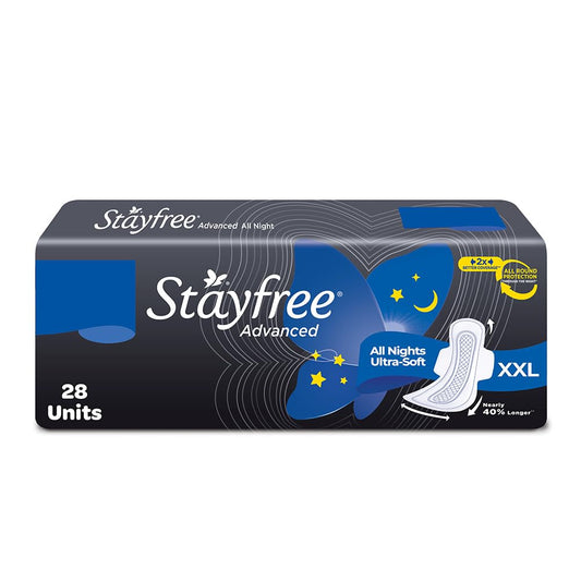 Stayfree Advanced Extra Large All Night Soft Cover Sanitary Pads For Women With Wings, 28 Pads