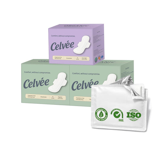Celvee Organic Cotton Sanitary Pads Set Daytime 9.6 inch 24 Counts & Overnight 12.5 inch 10 Counts – Thin Breathable & Heavy Flow, Super Absorbent, Chemical Free, Eco Friendly Biodegradable Packaging