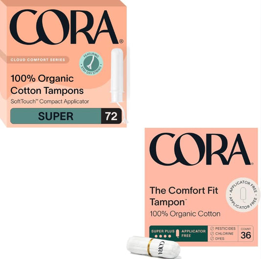Cora Organic Tampons | Super Absorbency Applicator & Non-Applicator Ultra-Absorbent Tampons | 100% Organic Cotton, Unscented, BPA-free | Leak Protection | Eco-Conscious | 108 Total (72 Super + 36 S/S+