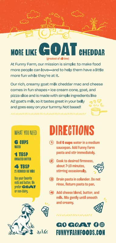 FUNNY FARM Goat Cheddar Cheese with Goat, Pizza & Ice Cream Shaped Pasta Macaroni & Cheese, 6oz. (8-Pack)