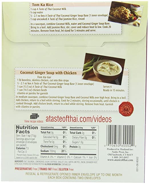 A Taste of Thai Coconut Ginger Soup Base – Authentic & Natural Ready-to-Use Thai Soup Mix – Non‑GMO & Gluten‑Free –Creamy, Aromatic Flavor for Tom Kha Gai, Curries, Soups & Stews – 2.1 oz (Pack of 6)