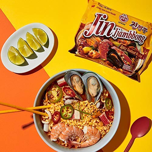 OTTOGI JIN Jjambbong Korean Instant Ramen – Spicy Seafood Noodles, Red Broth, 4.58 oz (Pack of 4)