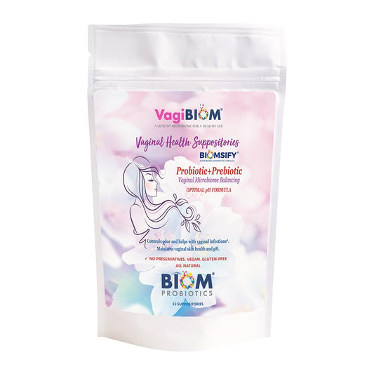 VagiBIOM® Feminine Care Suppositories – Intimate Moisturizing & Freshness Support - Lactobacillus + Prebiotics Formula 100% Vegan – No Parabens, No preservatives (15 Count)