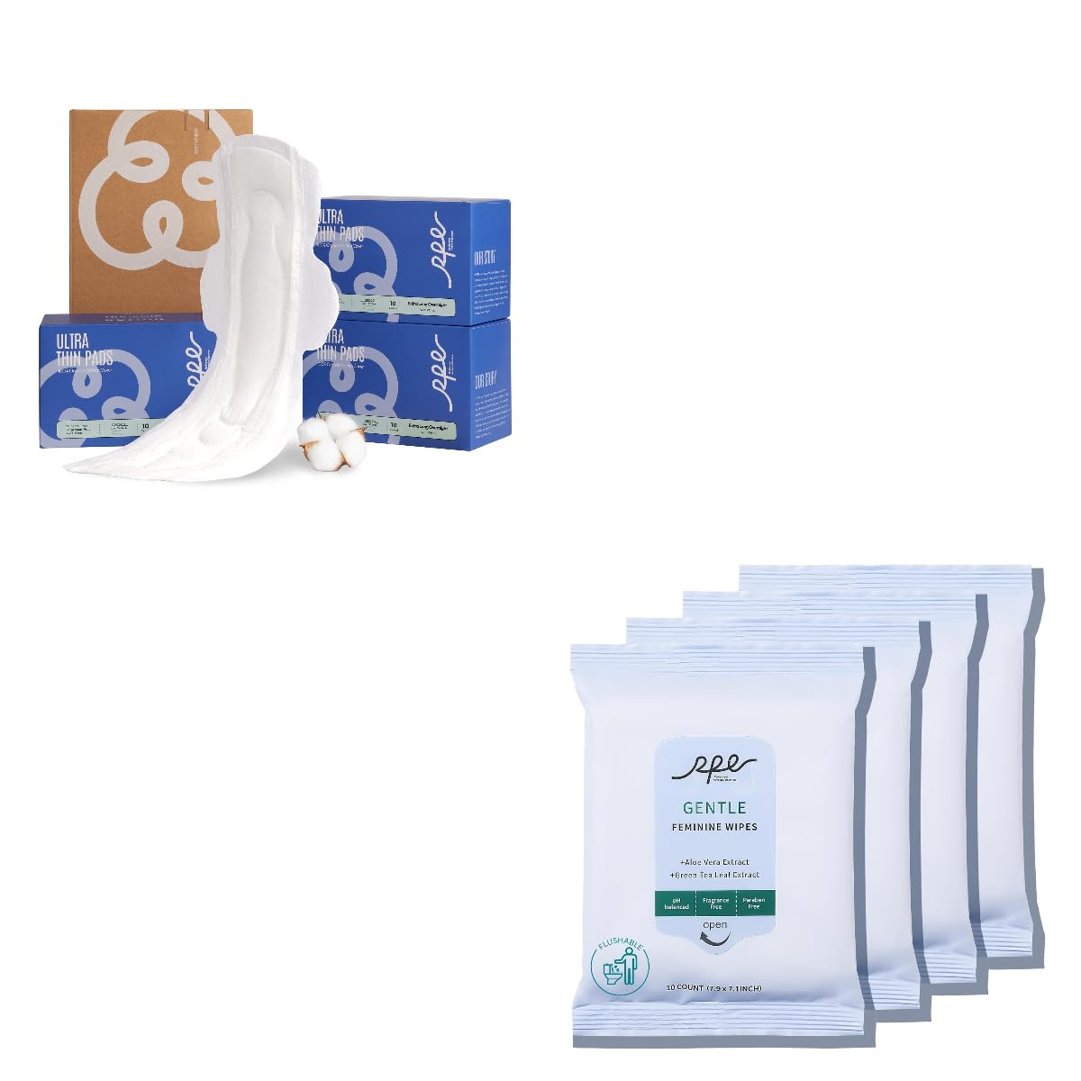 Organic Feminine Care Bundle: Large pH-Balanced Wipes & Ultra-Thin Absorbent Sanitary Pads for Women, 10ct Wipes + (Extra Long Overnight, Size 6, 30ct)
