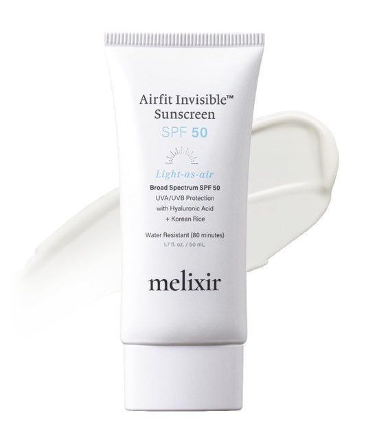 Melixir Airfit Invisible™ Sunscreen SPF 50, Broad Spectrum Korean Rice Sunscreen for Face, Hyaluronic Acid, Moisturizing Daily Protection for Sensitive Skin, No White Cast, Waterproof (1.7fl.oz./50ml) | Korean Rice, Hyaluronic Acid, Broad Spectrum...