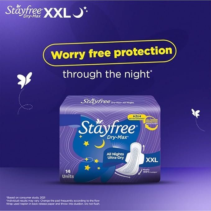 Stayfree Dry-Max All Night Ultra Dry Sanitary Pads - XL (With Wings), 14 Pieces Pack