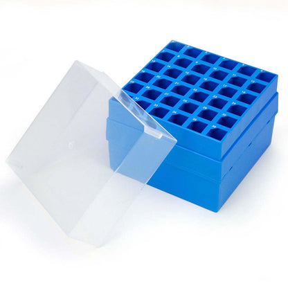Globe Scientific 3058 Storage Box with Lid for 15mL Centrifuge Tube, 36-Place, 6x6, PP, Blue Base & Clear Lid, Pack of 4