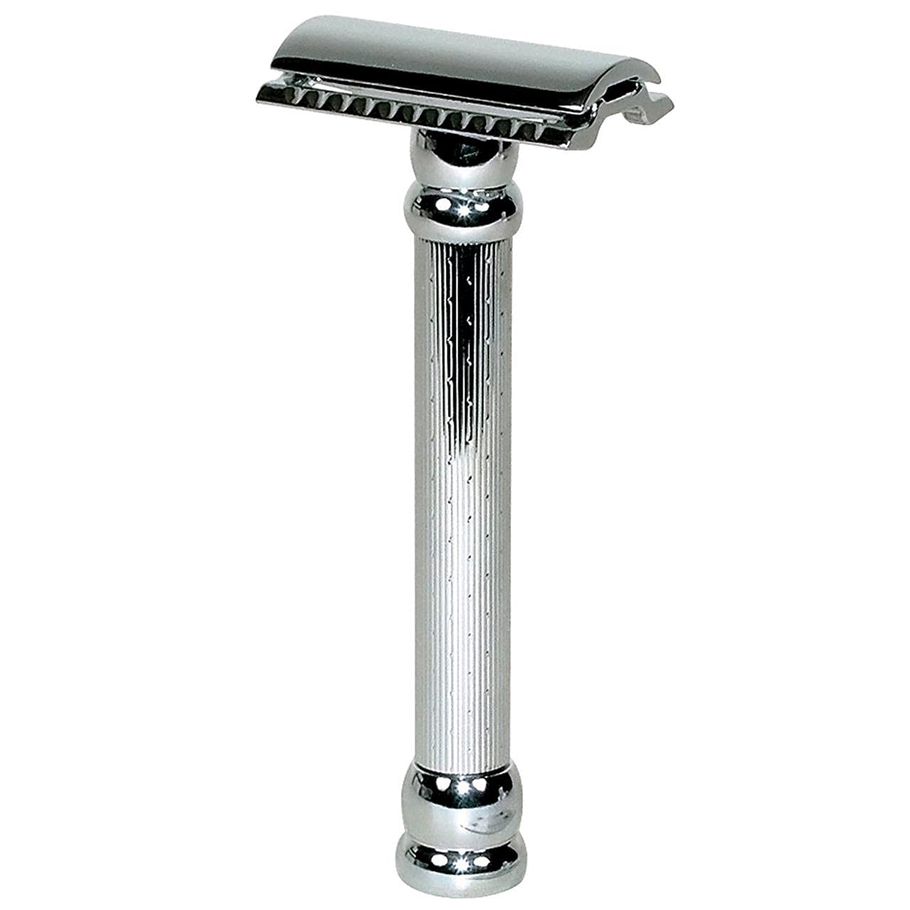 MERKUR 47C Double Edge Safety Razor – Long Handle Three-Piece Straight Cut Razor, Bright Chrome Finish, Engine-Turned Grip, Smooth Shave, Designed & Made in Germany