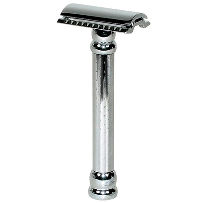 MERKUR 47C Double Edge Safety Razor – Long Handle Three-Piece Straight Cut Razor, Bright Chrome Finish, Engine-Turned Grip, Smooth Shave, Designed & Made in Germany