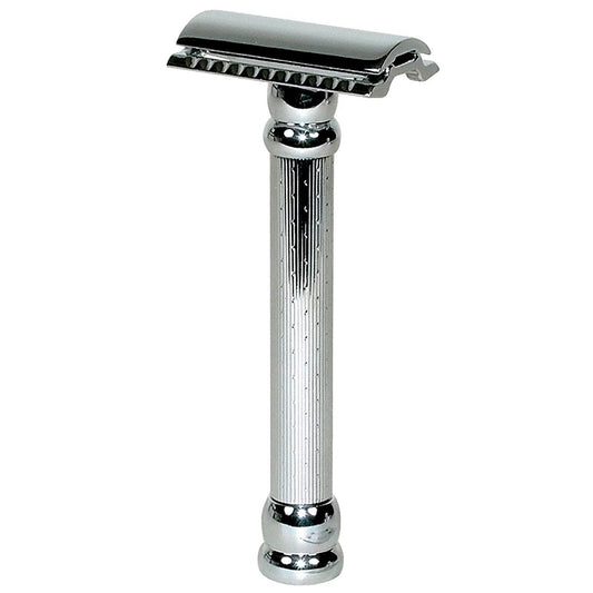 MERKUR 47C Double Edge Safety Razor – Long Handle Three-Piece Straight Cut Razor, Bright Chrome Finish, Engine-Turned Grip, Smooth Shave, Designed & Made in Germany