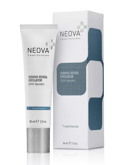 NEOVA SmartSkincare Serious Reveal Exfoliator 20% Glycolic stimulates cell turnover, refines skin texture, and reduces pore size.