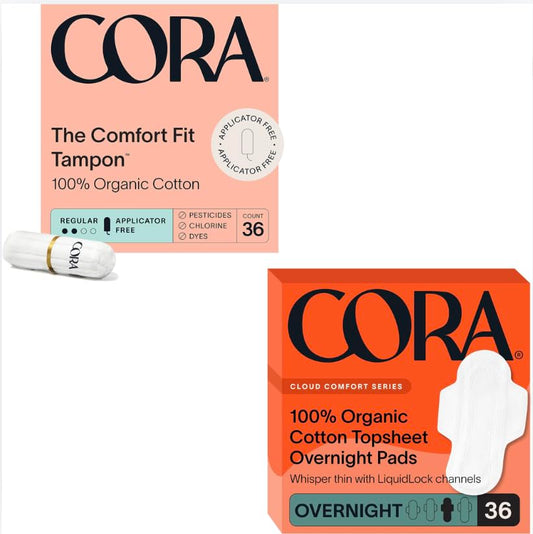 Cora Organic Feminine Care | Non-Applicator Ultra-Absorbent Tampons & Ultra Thin Organic Pads | Overnight Absorbency | 100% Organic Cotton | Eco-Conscious | 36 Tampons & Pads