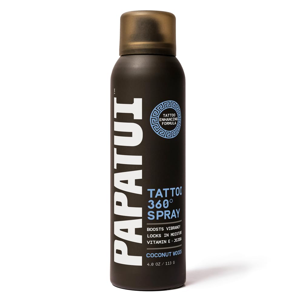 PAPATUI by Dwayne Johnson 360° Tattoo Spray | Revitalize, Protect and Brighten Tattoos | Non-Greasy, Fast-Absorbing Formula | Made with Vitamin E | Coconut Woods | 4oz