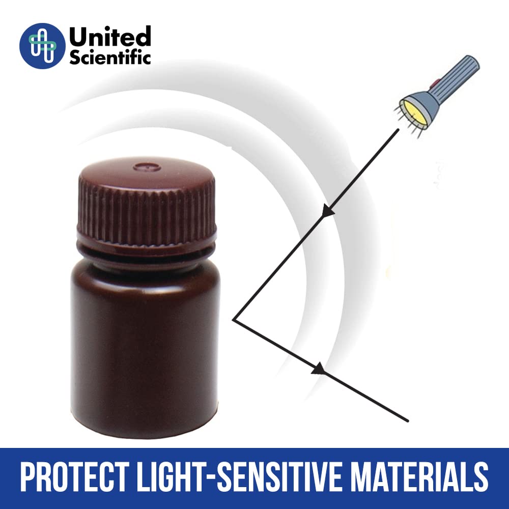 United Scientific® - Sample Containers with Lids - Amber HDPE Wide Mouth Reagent Bottle - Chemical Container - 1 oz Bottles (30mL) Multi-Purpose Plastic Bottles with Lids, Pack of 72