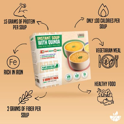 Lawasi Instant Healthy Soup – Quinoa & Vegetable Protein – 5 Packets, 3 Flavors – 15g Protein, 2g Fiber, 100 Calories – Non-GMO, Gluten-Free – Ready to Eat Superfood Meal