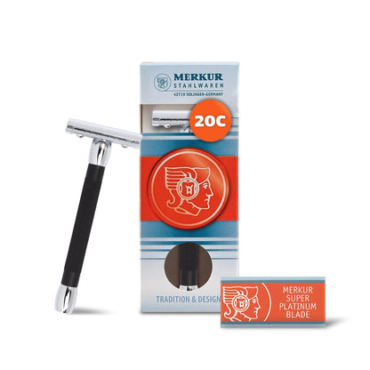 MERKUR 20C Double Edge Safety Razor, Long Handle, Black Anodized Aluminum & Bright Chrome Finish, Three-Piece Design, Closed Comb Straight Bar, Made in Germany