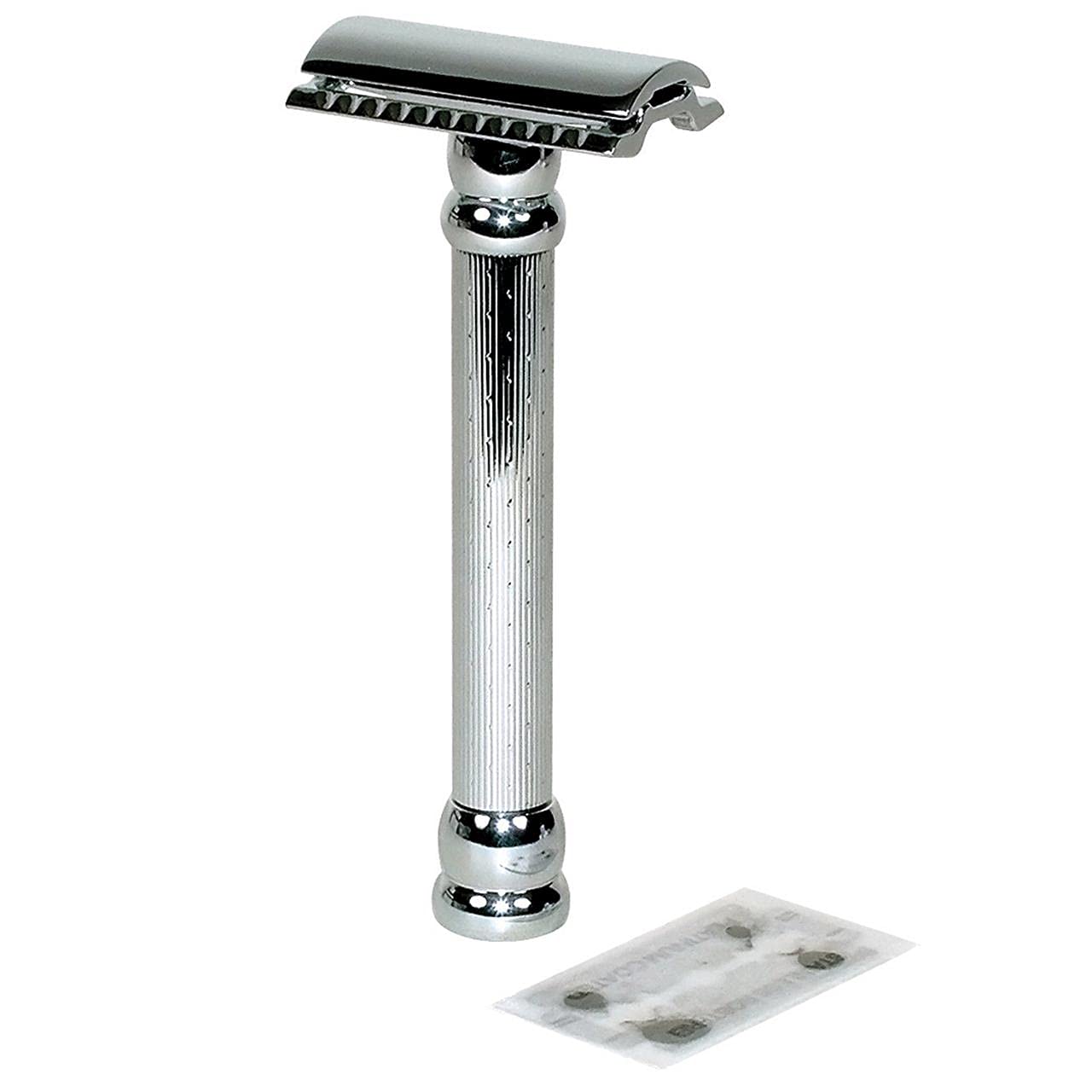 MERKUR 47C Double Edge Safety Razor – Long Handle Three-Piece Straight Cut Razor, Bright Chrome Finish, Engine-Turned Grip, Smooth Shave, Designed & Made in Germany