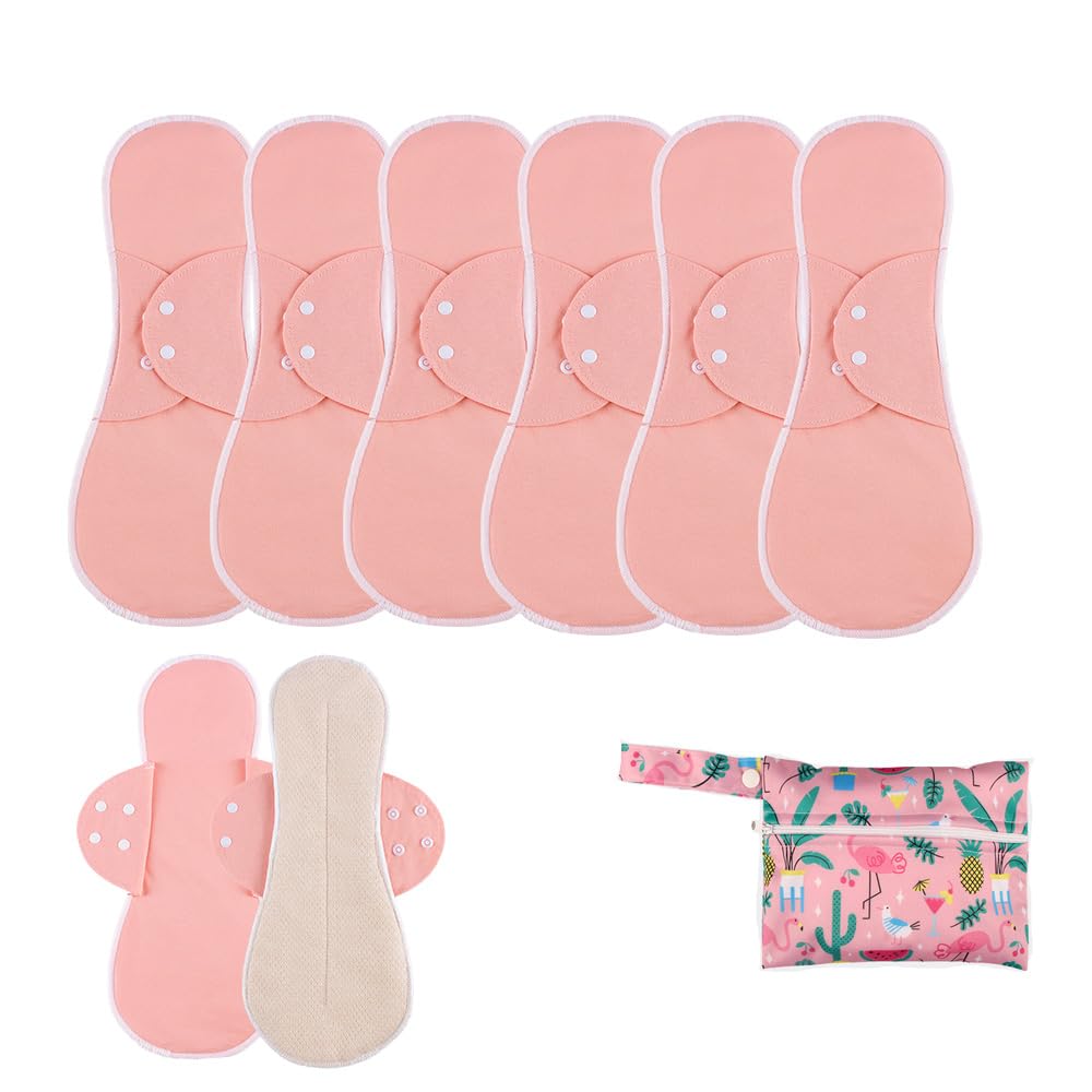 AIO Reusable Washable Cloth Menstrual Pads Sanitary Pad for Woman Large Size(4.13 * 10.23inch) Including 6 pcs Pads with 1 Wet Bag