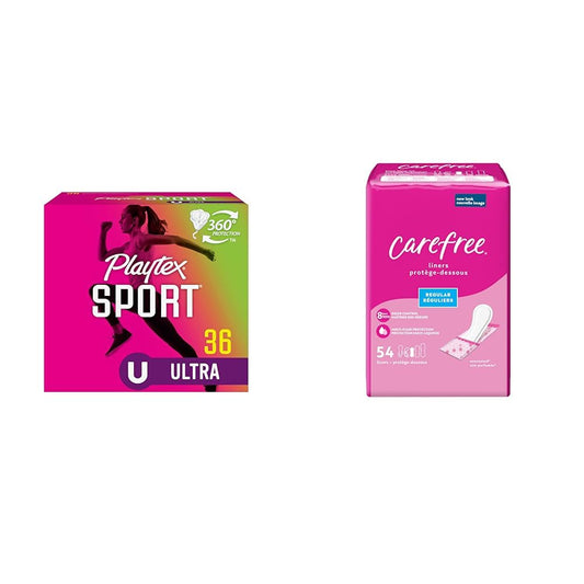 Playtex Sport Tampons, Ultra Absorbency, 36ct & Carefree Panty Liners, Regular, Unscented, 54ct