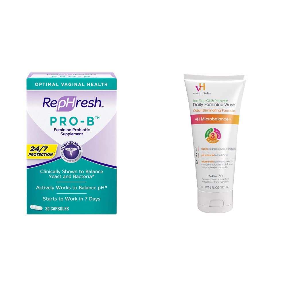 RepHresh Pro-B Probiotic Supplement for Women (30 Capsules) and vH Essentials Ph Balanced Daily Feminine Wash (6 Fl Oz)
