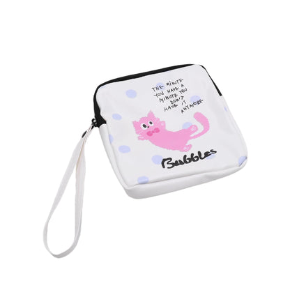 Period Bag Feminine Pads Storage Bag with Wrist Strap PU Tampon Holder Organizer Pouch Small Square Make Up Bag,Pink Cat
