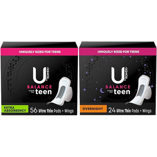 U by Kotex Balance Sized for Teens Ultra Thin Pads with Wings, Extra Absorbency, 56 Count & U by Kotex Balance Sized for Teens Ultra Thin Overnight Pads with Wings, 24 Count