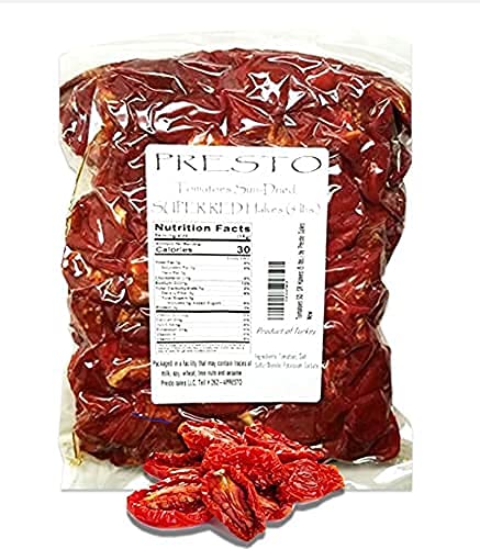 Tomatoes Sun-Dried, SUPER RED Halves, Ready to Eat Vegetables | Produced from fresh field-grown tomatoes, cut into halves | Nutrient Full, Delightful, Flavorful, Vegan, Pure | Turkish, 5 lbs. (80 oz.) Vacuum packed by Presto Sales LLC