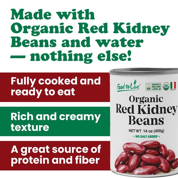 Food to Live Organic Italian Red Kidney Beans, 14 oz (Pack of 2) – Unsalted, Non-GMO, Vegan. Ready to Eat. Perfect for Salads, Soups, Pasta e Fagioli. Wholesale