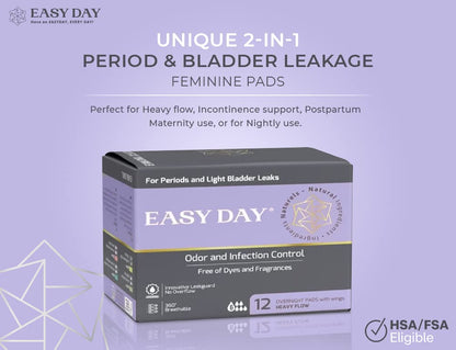 EASYDAY Overnight Heavy Flow(2-in-1 Period & Light Bladder Leakage Feminine Pads) Wings, Sensitive Skins, Unscented, Breathable, Ultra Thin Innovative Leak Guard, Individually Wrapped (12)