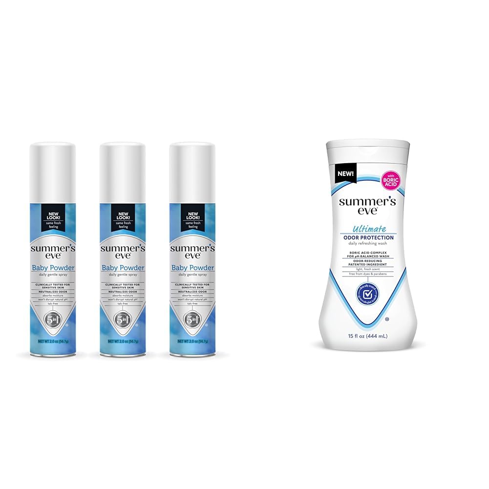 Summer's Eve Baby Powder Spray 3 Pack and Ultimate Odor Control Body Wash with Boric Acid, 15 Fl Oz