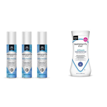 Summer's Eve Baby Powder Spray 3 Pack and Ultimate Odor Control Body Wash with Boric Acid, 15 Fl Oz