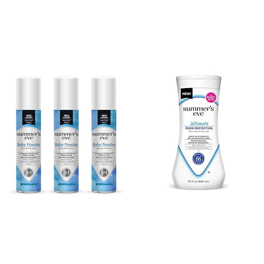 Summer's Eve Baby Powder Spray 3 Pack and Ultimate Odor Control Body Wash with Boric Acid, 15 Fl Oz