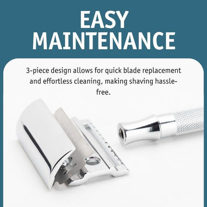 MERKUR 23C Double Edge Safety Razor - Polished Chrome, Long Knurled Brass Handle, Made in Germany, Plastic-Free, Three Piece Design, Closed Comb, Straight Bar