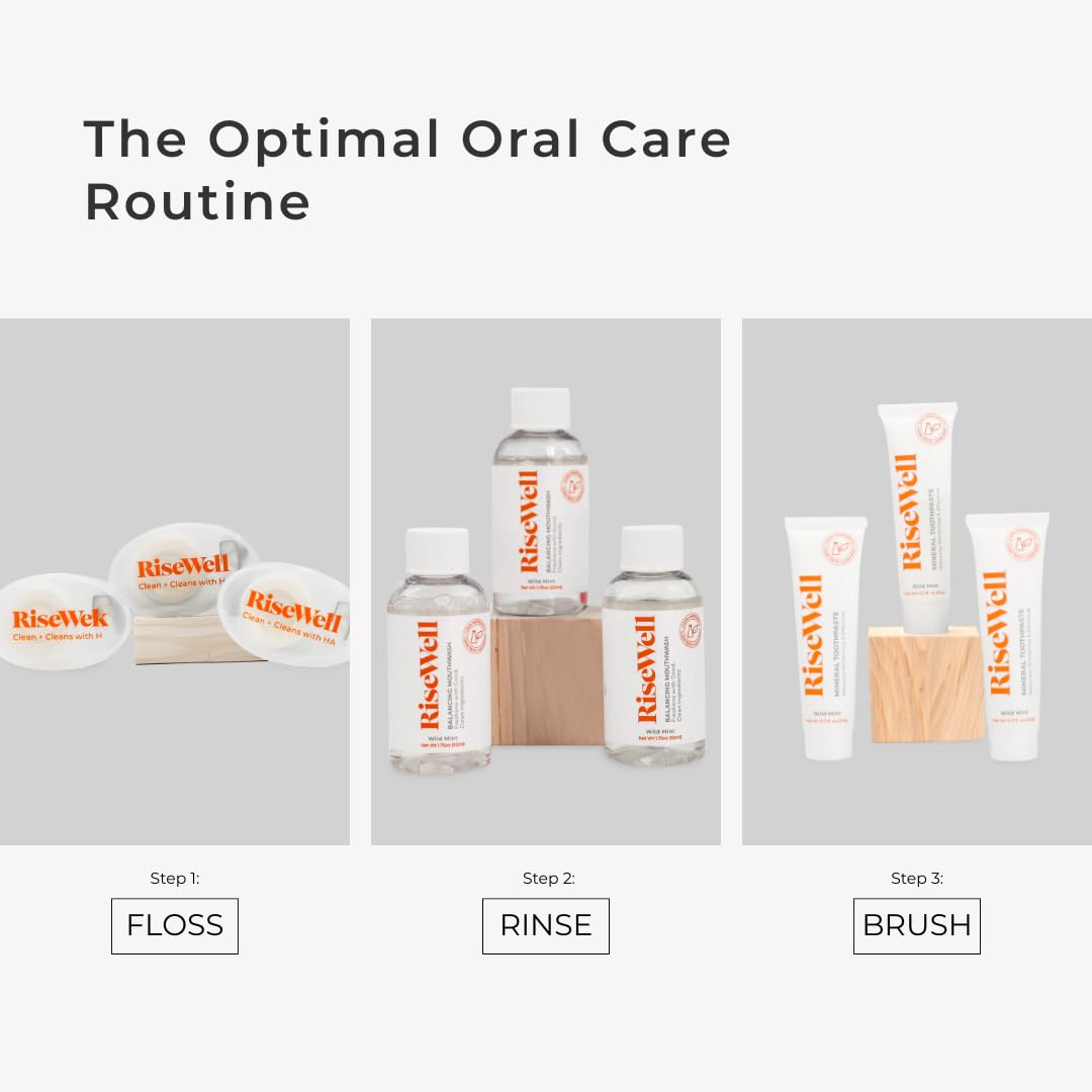 RiseWell Travel Dental Kit - Hygiene Essentials Includes Mineral Toothpaste, pH Balancing Travel Mouthwash, Natural Dental Floss & Reusable Canvas Tote - TSA Approved - Dentist Made Oral Care Kit