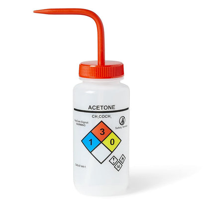 United Scientific™ UniSafe™ Acetone Squeeze Bottle, Wide Mouth Wash Bottles 500mL (16oz), Pack of 6 – Pre-Labeled LDPE Chemical Wash Bottle w/Red Color-Coded Cap, Self-Venting Leak-Proof Lab Bottles