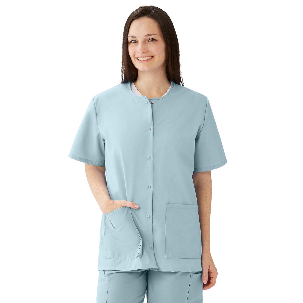Medline AngelStat Women's Snap-Front Jewel-Neckline Scrub Top, 2 Pockets, Misty, Size 2XL