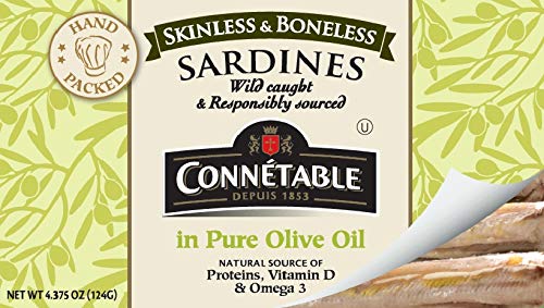 Sardines | Connetable | Sardines in Pure Olive Oil | Skinless Boneless | 4.375 Ounce | Pack of 12