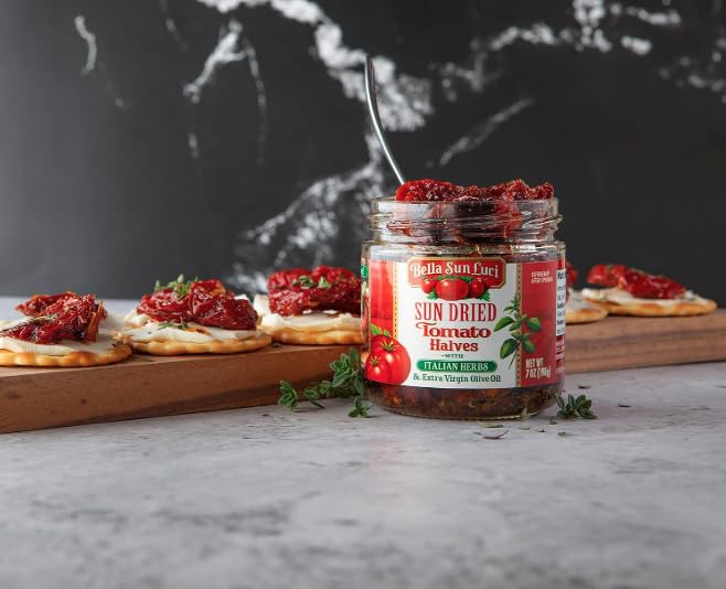 Bella Sun Luci Sun Dried Tomatoes Halves with Italian Herbs and Extra Virgin Olive Oil, Mediterranean Italian Style Sun-Ripened Tomatoes, Kosher, Vegan, Gluten-Free, Premium Ingredient for Pasta, Pizza & Salads