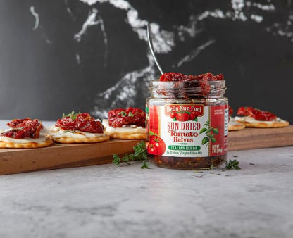 Bella Sun Luci Sun Dried Tomatoes Halves with Italian Herbs and Extra Virgin Olive Oil, Mediterranean Italian Style Sun-Ripened Tomatoes, Kosher, Vegan, Gluten-Free, Premium Ingredient for Pasta, Pizza & Salads