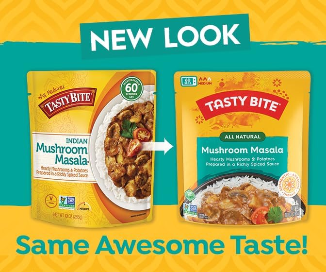Tasty Bite Indian Entree Mushroom Masala 10 Ounce, Fully Cooked Indian Entrée with Mushrooms & Potatoes in a Richly Spiced Sauce, Vegan, Gluten Free, Microwaveable, Ready to Eat