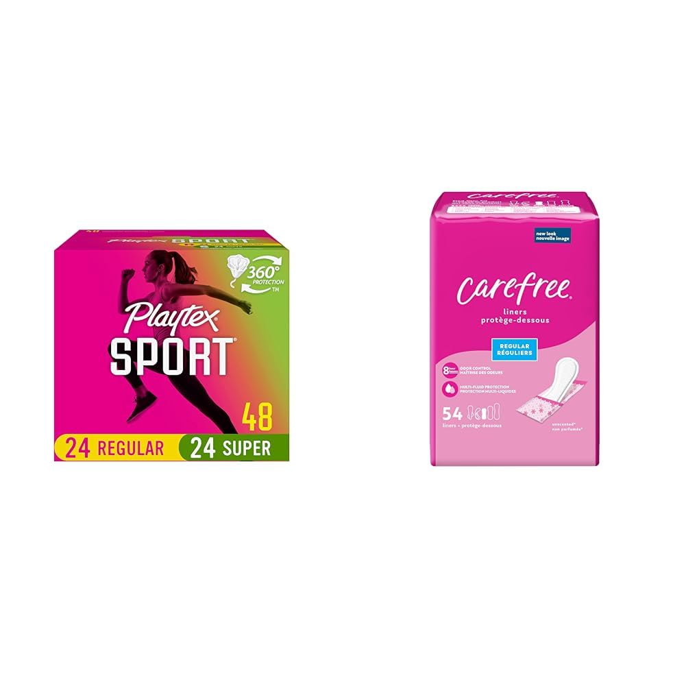 Playtex Sport Tampons, Multipack, Fragrance-Free - 48ct & Carefree Panty Liners, Regular Liners, Wrapped, Unscented, 54ct