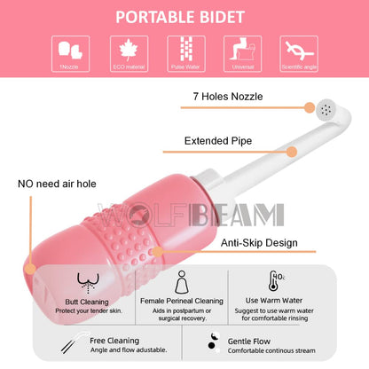 Wolfbeam Portable Hand-held Vulva and Anus Cleaner and Personal Health Vaginal Washing Container, Travel Urinal Spray Scrubber for Personal Hygiene (Pink+Green 450ML)