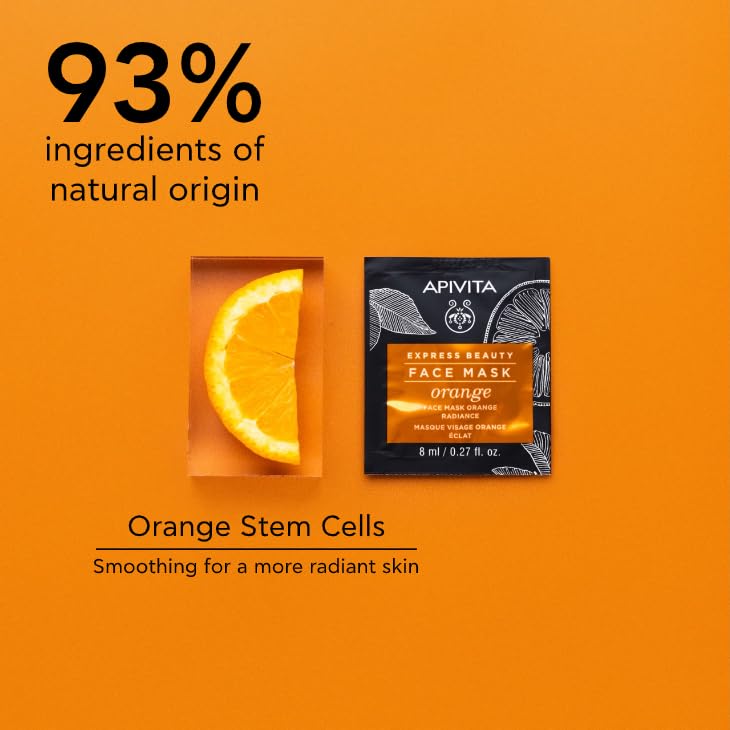 APIVITA Express Beauty Orange Face Mask | Radiance & Smoothing with Orange Stem Cells for All Skin Types, (12 x 8 mL / 12 x 0.27 oz), 12 masks