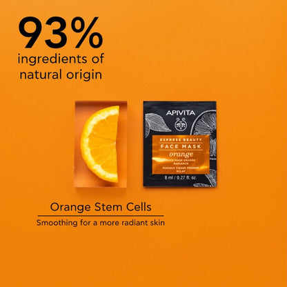 APIVITA Express Beauty Orange Face Mask | Radiance & Smoothing with Orange Stem Cells for All Skin Types, (12 x 8 mL / 12 x 0.27 oz), 12 masks