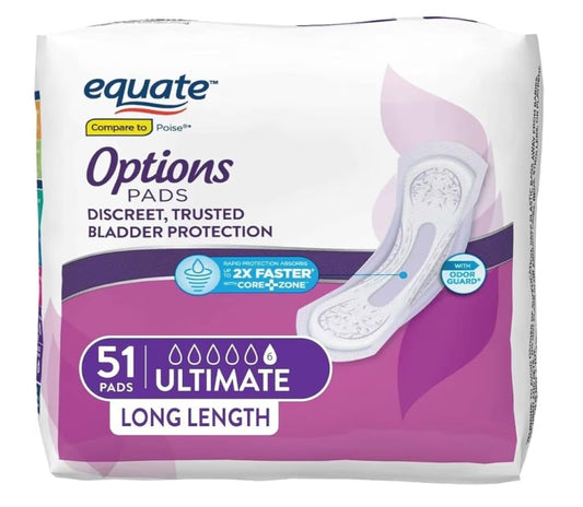 Equate Options Women's Incontinence Pads, Maximum Absorbency, Long Length (51 Units)