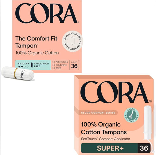 Cora Organic Cotton Tampons | Non-Applicator Ultra-Absorbent (36) & Applicator Super Plus Absorbency (36) | 100% Organic Cotton, Unscented, BPA-Free | Eco-Conscious | Total 72 Tampons