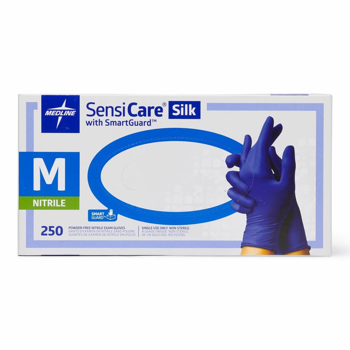 Medline SensiCare Silk Nitrile Exam Gloves, Disposable Gloves with Smartguard Film, Medium, Blue (Pack of 250)
